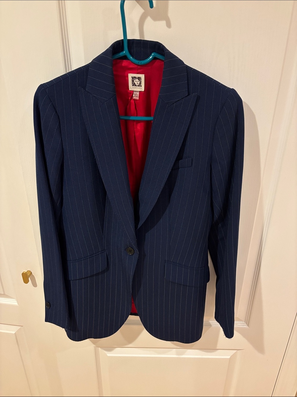 Anne Klein Navy Pinstripe Blazer with Red Lining Sz 4
